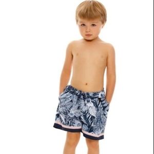 Agua Bendita Boys Navy Blue and Pink Tropical Swim Trunks
